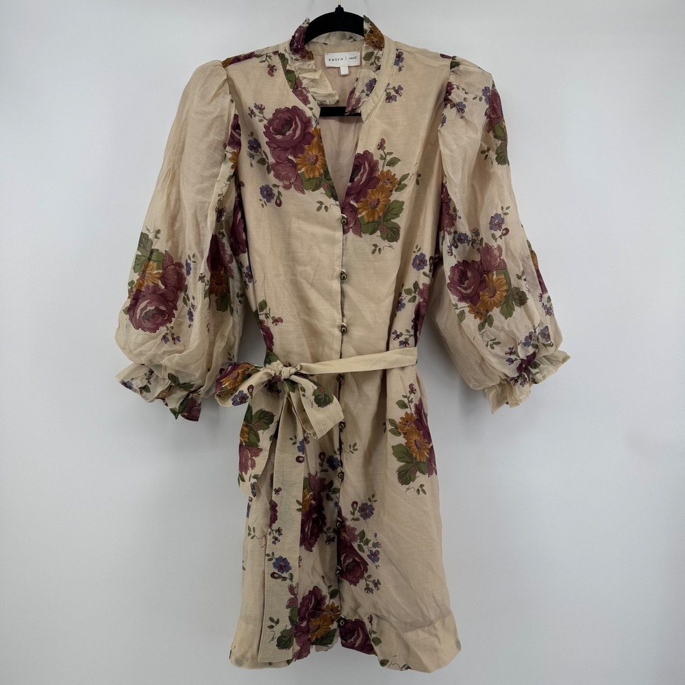 Entro Floral Mini Dress Women S Fit Flare Belted Puff Sleeve Boho Cottagecore - Picture 3 of 12
